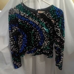 New Ladies Intempo Sequin Black, Silver, Blue & Green Long Sleeve Top SZ Small